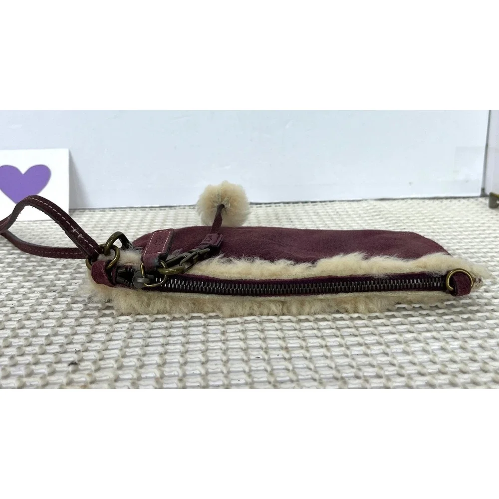 UGG Suede Shearling Lined Wristlet Pouch Burgundy‎ Evening Bag